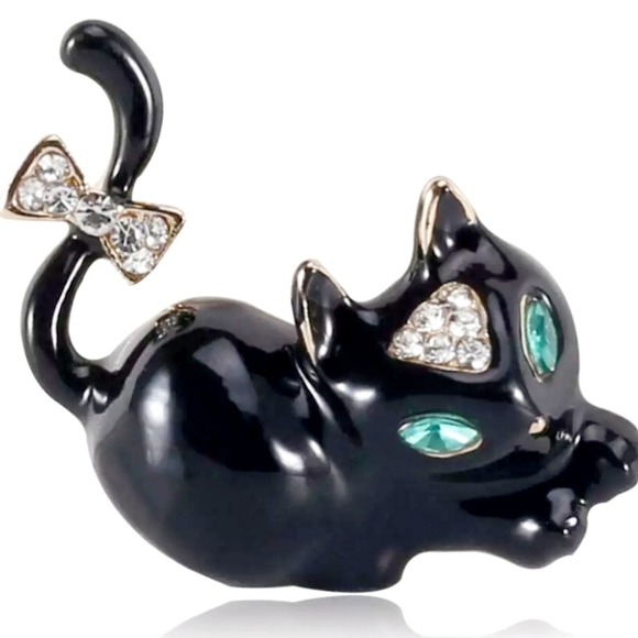 2 new gold plated black-and-white green crystal cat bow necklace/brooches - Picture 13 of 16